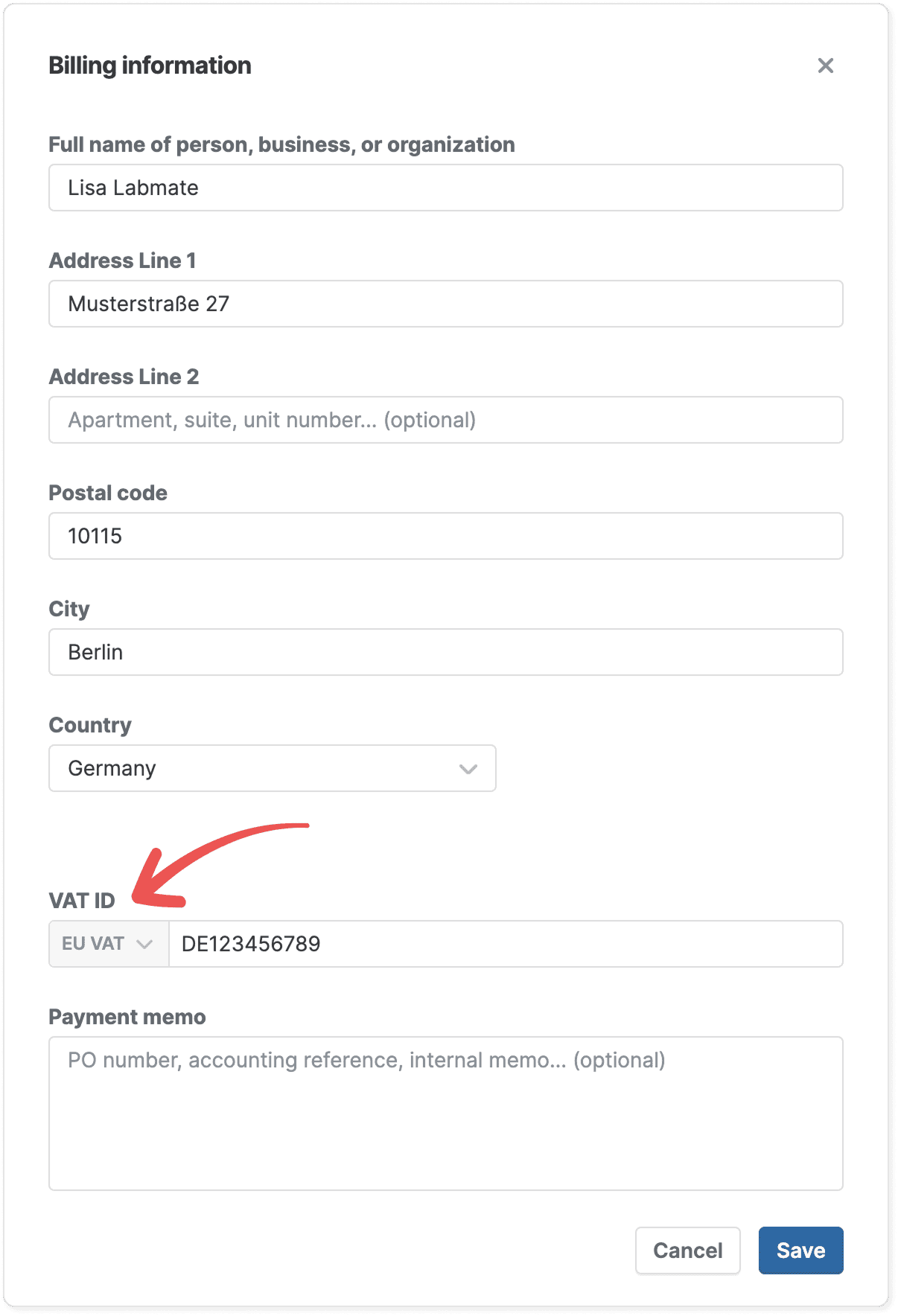 The “Billing information” form filled in with a German address, and a red arrow pointing to the VAT ID field where an EU VAT number has been entered, above a payment memo box.